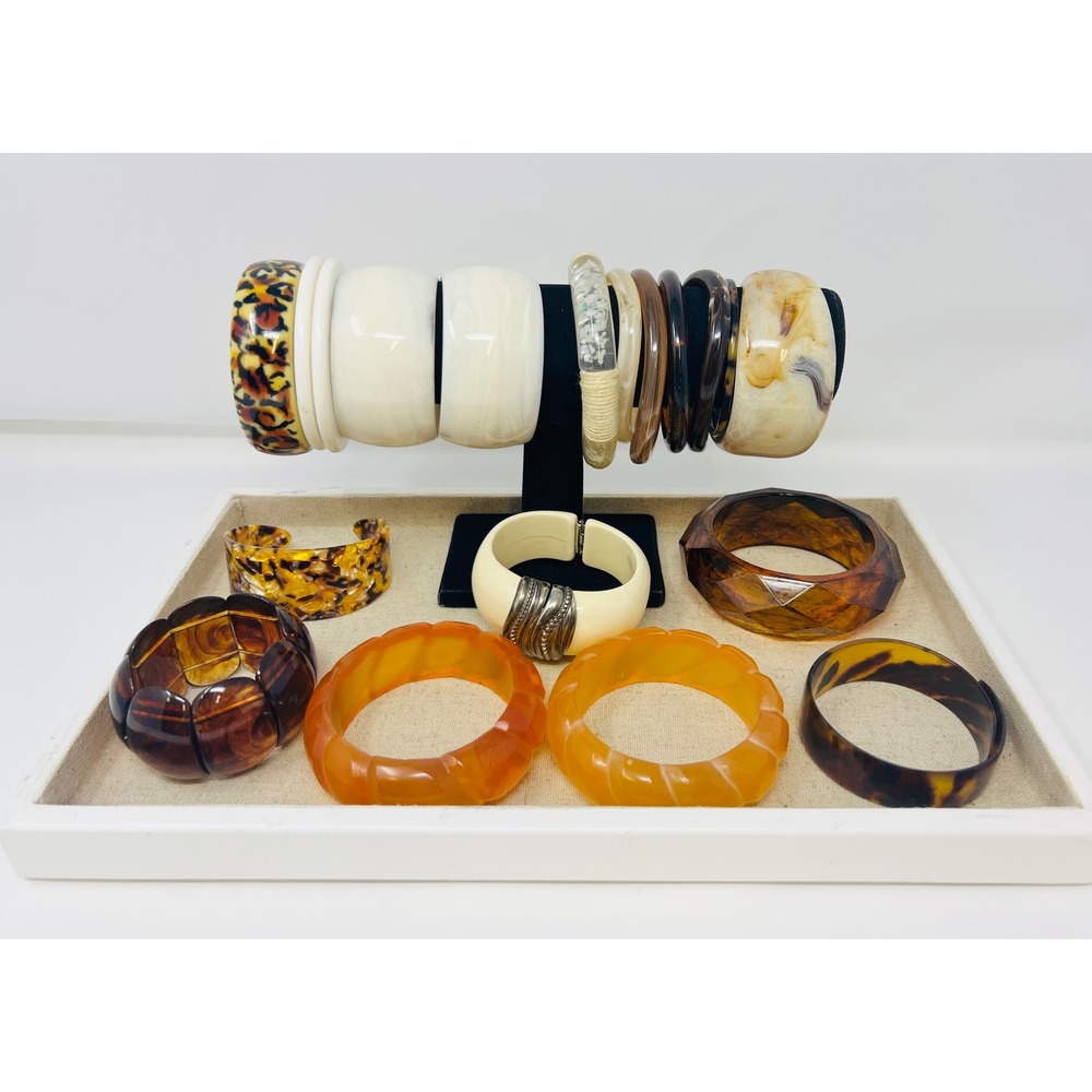Vintage Brown & White Resin, Lucite Chunky Stackable Bangle Bracelet Lot of 20